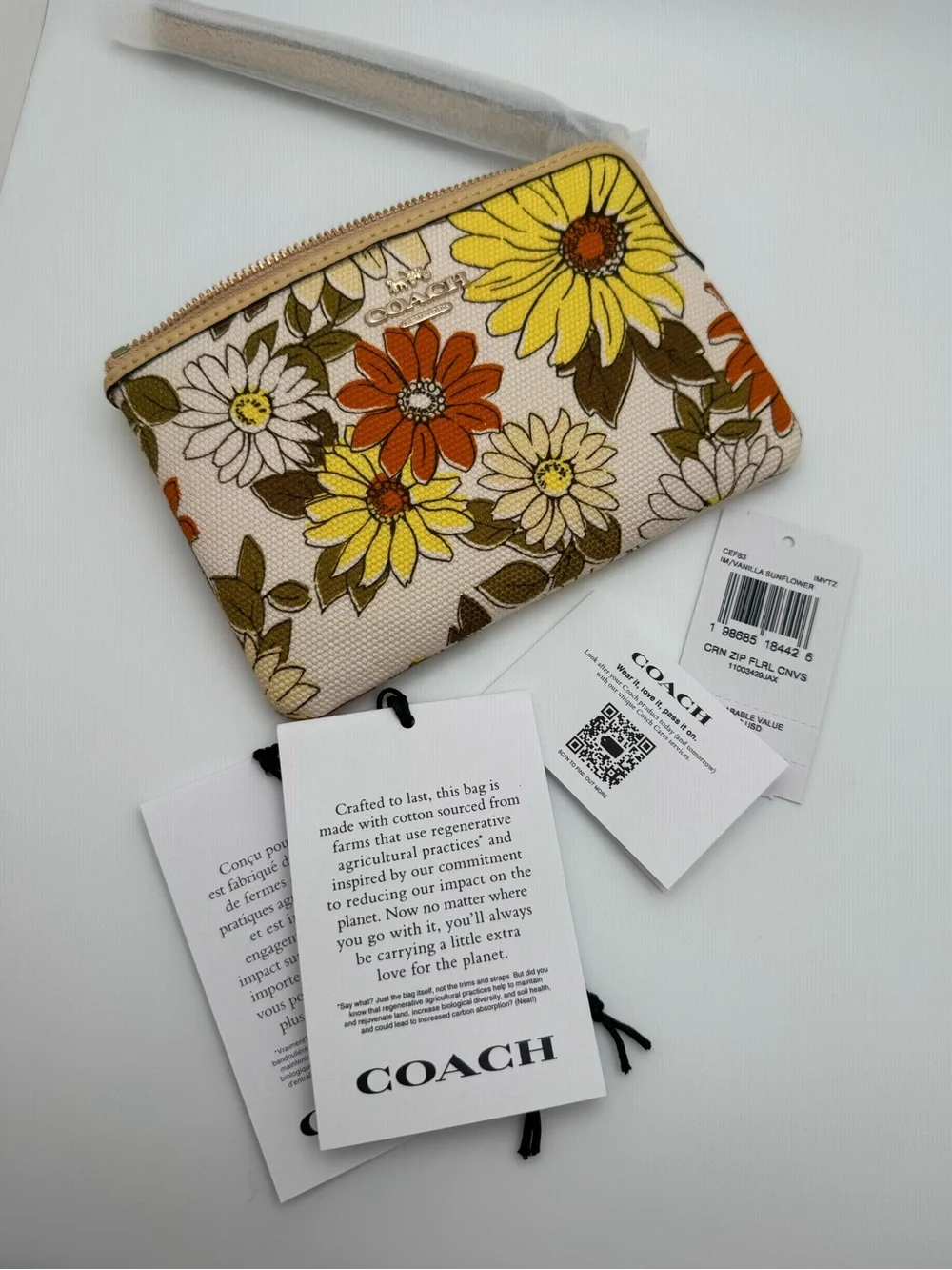 Coach CEF83 Vanilla Sunflower Floral Corner Zip Wristlet Canvas Leather Bag NWT